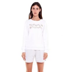 Bluza z ściągacze na co dzień na siłownię. Białe bluzy damskie LEONE 1947 APPAREL, bez wzorów, z bawełny, bez kaptura. W wyprzedaży za 129.42 zł.