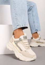 Beżowe Sneakersy na Grubej Tłoczonej Podeszwie z Cekinami Narelis. Brązowe obuwie sportowe damskie Born2be, z materiału, bez zapięcia. Za 119.99 zł.