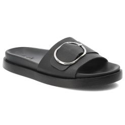 Czarne Klapki Rieker Skórzane Obuwie Damskie. Czarne klapki damskie Rieker, bez wzorów, ze skóry, bez obcasa, bez zapięcia. Za 289.00 zł.