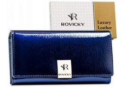 Portfel skórzany Rovicky RH-27A-1-SH niebieski. Niebieskie portfele damskie ROVICKY, z aplikacjami, z lakierowanej skóry. Za 95.99 zł.