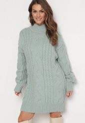 Jasnozielony Luźny Sweter w Warkoczykowy Splot Sentlia. Zielone swetry klasyczne damskie Born2be, ze splotem, bez kołnierzyka. Za 189.99 zł.