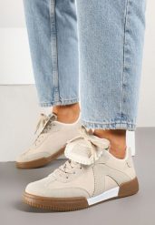 Beżowe Sneakersy Tenisówki z Ozdobnym Językiem Alaviela. Brązowe obuwie sportowe damskie Born2be, z jeansu, bez zapięcia, tenisowe. Za 89.99 zł.