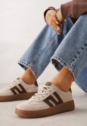 Beżowe Skórzane Sneakersy na Kauczukowej Podeszwie z Geometrycznym Motywem Shytyse. Brązowe obuwie sportowe damskie Born2be, z dresówki, bez zapięcia. Za 199.99 zł.