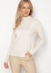 Ciemnobeżowy Gładki Sweter z Półgolfem w Stylu Casual Unallia. Brązowe swetry klasyczne damskie Born2be, l, z jeansu, bez kołnierzyka. Za 59.99 zł.