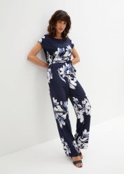 Kombinezon z wiązanym paskiem. Niebieskie kombinezony damskie bonprix, bez wzorów, eleganckie, bez kołnierzyka, bez ramiączek. Za 179.99 zł.