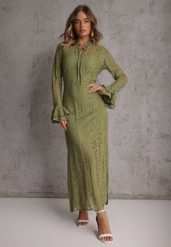 Zielona Taliowana Sukienka z Koronki Zdobiona Wiązaniem przy Szyi Terienna. Zielone sukienki damskie Renee, z aplikacjami, z koronki, bez ramiączek. Za 169.99 zł.