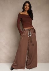 Brązowe Szerokie Spodnie z Paskiem w Stylu Wstążki Tussema. Brązowe spodnie materiałowe damskie Renee, bez wzorów, z jeansu. Za 119.99 zł.