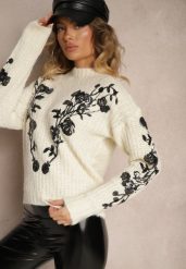 Jasnobeżowy Sweter z Wełną Cekinami i Kwiatowym Haftem Boredi. Brązowe swetry klasyczne damskie Renee, na zimę, m, z jeansu, bez kołnierzyka. Za 149.99 zł.