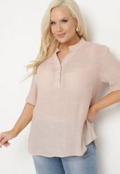 Beżowa Bluzka z Bawełny Ozdobiona Guzikami Neolirena. Brązowe bluzki damskie Born2be, xl, bez wzorów, z bawełny, bez kołnierzyka, bez ramiączek. Za 39.99 zł.