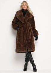 Brązowy Futerkowy Płaszcz z Szerokim Kołnierzem i Mankietami z Wiązanym Paskiem Viaruna. Brązowe płaszcze damskie Born2be, l, bez wzorów, z dzianiny, bez kaptura. Za 349.99 zł.