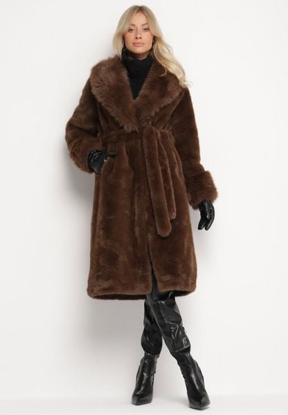 Brązowy Futerkowy Płaszcz z Szerokim Kołnierzem i Mankietami z Wiązanym Paskiem Viaruna. Brązowe płaszcze damskie Born2be, l, bez wzorów, z dzianiny, bez kaptura. Za 349.99 zł.