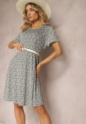 Zielona Wiskozowa Sukienka o Rozkloszowanym Fasonie z Ornamentalnym Wzorem Jasminas. Zielone sukienki damskie Renee, bez wzorów, z wiskozy, boho, bez ramiączek. W wyprzedaży za 32.99 zł.