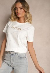 Biały Bawełniany T-shirt Ozdobiony Napisem i Cyrkoniami Nalavenna. Białe t-shirty damskie Renee, m, z aplikacjami, z bawełny, bez kołnierzyka. Za 39.99 zł.