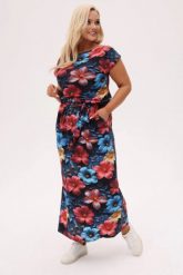 Granatowa sukienka Florida MAXI w hibiskusy i tropikalne kwiaty PLUS SIZE XXL OVERSIZE. Sukienki damskie Moda Size Plus Iwanek, bez wzorów, z dzianiny, biznesowe, bez ramiączek. Za 319.90 zł.