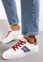 Biało-Czerwone Sneakersy Sznurowane z Wstawkami Danthe. Białe obuwie sportowe damskie Renee, z jeansu, bez zapięcia. Za 59.99 zł.