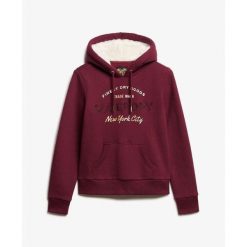 Damska bluza z kapturem z metalicznym logo Superdry Luxe. Brązowe bluzy damskie Superdry, bez wzorów, ze skóry, z kapturem. W wyprzedaży za 332.60 zł.