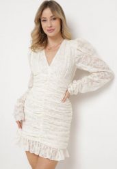 Beżowa Sukienka Mini z Tkaniny Plumeti z Marszczeniem Werenia. Brązowe sukienki damskie Born2be, bez wzorów, z tkaniny, eleganckie, bez ramiączek. W wyprzedaży za 110.49 zł.