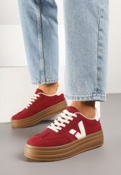 Bordowe Sneakersy na Kauczukowej Podeszwie Ellirielle. Czerwone obuwie sportowe damskie Renee, z jeansu, bez zapięcia. Za 79.99 zł.