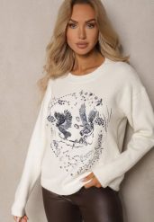Jasnobeżowy Sweter Ozdobiony Haftowanym Wzorem w Ptaki Inarielle. Brązowe swetry klasyczne damskie Renee, bez kołnierzyka. Za 134.99 zł.