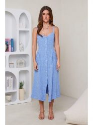 Rodier Lin Lniana sukienka w kolorze błękitnym rozmiar: L/XL. Niebieskie sukienki damskie Rodier Lin, bez wzorów, ze lnu, bez ramiączek. Za 128.55 zł.