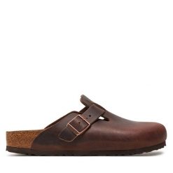 Klapki Birkenstock. Brązowe klapki damskie Birkenstock, bez wzorów, bez obcasa, bez zapięcia. Za 719.99 zł.