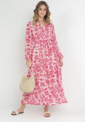 Fuksjowa Sukienka Maxi w Kwiaty z Guzikami i Materiałowym Paskiem Kinzey. Czerwone sukienki damskie Born2be, bez wzorów, z materiału, eleganckie, bez ramiączek. W wyprzedaży za 118.99 zł.