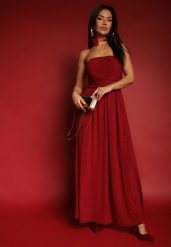 Bordowa Marszczona Koktajlowa Sukienka Bandeau z Wiskozą Nalirion. Czerwone sukienki damskie Renee, bez wzorów, z wiskozy, eleganckie, bez ramiączek. W wyprzedaży za 167.99 zł.