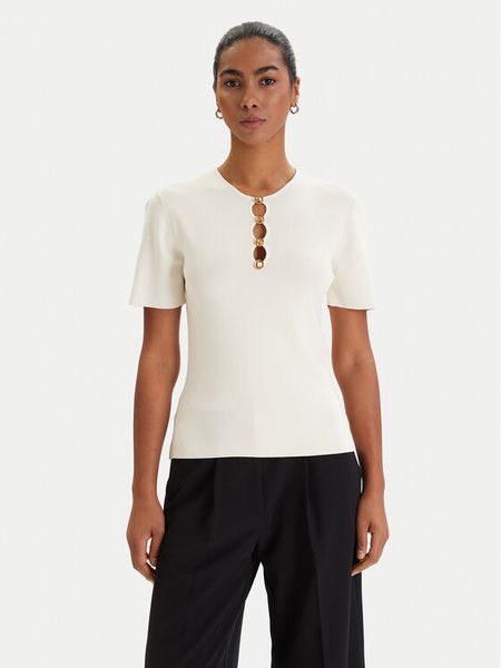 KARL LAGERFELD Bluzka B1W18014 Écru Slim Fit. Białe bluzki damskie KARL LAGERFELD, m, bez wzorów, z wiskozy, bez kołnierzyka, bez ramiączek. Za 519.99 zł.