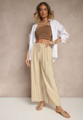 Beżowe Spodnie z Wiskozy High Waist o Szerokim Kroju Divlise. Brązowe spodnie materiałowe damskie Renee, bez wzorów, z jeansu. Za 39.99 zł.
