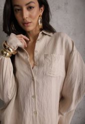 Beżowa Koszula z Wiskozy z Domieszką Lnu ze Strukturalnego Materiału Sewrita. Brązowe koszule damskie Renee, s, bez wzorów, ze lnu, street, bez kołnierzyka, bez ramiączek. Za 99.99 zł.