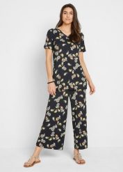 Bluzka i spodnie culotte z lejącej wiskozy (komplet dwuczęściowy). Czarne kombinezony damskie bonprix, bez wzorów, z wiskozy, eleganckie, bez kołnierzyka, bez ramiączek. Za 149.99 zł.