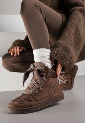 Brązowe Sneakersy Ozdobione Sznurówkami w Geometryczny Wzór Avoslia. Brązowe obuwie sportowe damskie Renee, z jeansu, bez zapięcia. Za 129.99 zł.