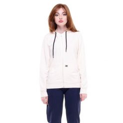 Podstawowa damska bluza z kapturem i zamkiem błyskawicznym. Białe bluzy damskie LEONE 1947 APPAREL, l, bez wzorów, z tkaniny, z kapturem. Za 151.56 zł.
