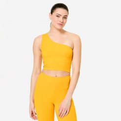Koszulka fitness damska Domyos bez rękawów. Brązowe koszulki damskie DOMYOS, m, bez wzorów, z elastanu, bez kołnierzyka, bez ramiączek. Za 64.99 zł.