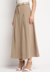Beżowa Spódnica Rozkloszowana Maxi z Paskiem z Klamrą Sawen. Brązowe spódnice damskie Born2be, l, bez wzorów, eleganckie, maxi. Za 169.99 zł.