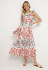 Różowa Rozkloszowana Sukienka z Wiskozą Wiązana na Plecach w Print Boho Turielia. Czerwone sukienki damskie Born2be, bez wzorów, z wiskozy, boho, bez ramiączek. Za 89.99 zł.