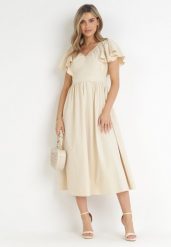Beżowa Sukienka Midi z Falbanami przy Ramionach Happisa. Brązowe sukienki damskie Born2be, bez wzorów, eleganckie, bez ramiączek. Za 129.99 zł.