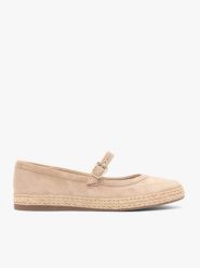 Piaskowe welurowe espadryle z paskiem. Brązowe espadryle damskie Ryłko, bez wzorów, z gumy, bez obcasa. Za 399.99 zł.