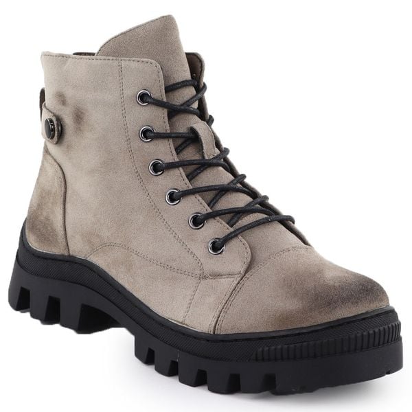 Botki damskie khaki Potocki Z25-JE19317. Brązowe botki damskie POTOCKI, ze skóry ekologicznej, eleganckie, bez obcasa, bez zapięcia. Za 179.99 zł.
