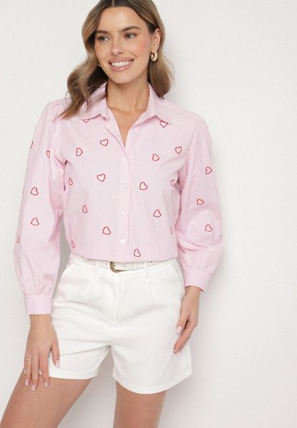 Różowa Bawełniana Koszula z Ozdobnym Haftem Doviene. Czerwone koszule damskie Born2be, l, bez wzorów, z bawełny, eleganckie, bez kołnierzyka, bez ramiączek. Za 69.99 zł.