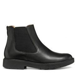 Sztyblety Geox. Czarne botki damskie Geox, bez obcasa, na płaskiej podeszwie, bez zapięcia. Za 639.99 zł.