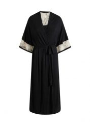 Długi szlafrok kimono z wiskozy z haftem. Czarne szlafroki damskie bonprix, bez wzorów, z koronki, bez kaptura. Za 129.99 zł.