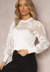 Biały Koronkowy Sweter z Długim Rękawem Brinca. Białe swetry klasyczne damskie Renee, z koronki, bez kołnierzyka. Za 59.99 zł.