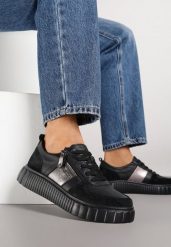 Czarne Skórzane Sneakersy Zdobione Metaliczną Wstawką Cerelie. Czarne obuwie sportowe damskie Born2be, z jeansu, bez zapięcia. Za 179.99 zł.