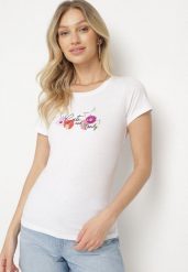 Biało-Różowy T-shirt z Bawełny z Ozdobnym Nadrukiem Zaromeira. Białe t-shirty damskie Born2be, l, bez wzorów, z bawełny, bez kołnierzyka. Za 29.99 zł.