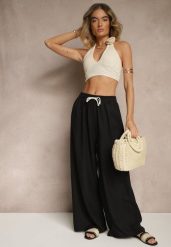 Czarne Spodnie z Bawełną o Szerokim Kroju High Waist z Wiązaniem Noleldi. Czarne spodnie materiałowe damskie Renee, bez wzorów, z bawełny. Za 39.99 zł.
