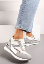 Szaro-Różowe Brokatowe Sneakersy na Ukrytym Koturnie Zophiela. Białe obuwie sportowe damskie Renee, bez zapięcia. Za 119.99 zł.