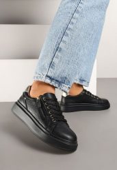 Czarne Skórzane Sneakersy ze Skórzaną Wkładką i Perforacją Koloris. Czarne obuwie sportowe damskie Born2be, z jeansu, bez zapięcia. Za 159.99 zł.