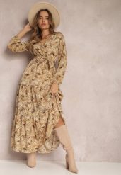 Beżowa Sukienka Kopertowa Maxi Fisa. Brązowe sukienki damskie Renee, z aplikacjami, z tkaniny, boho, bez ramiączek. W wyprzedaży za 83.99 zł.