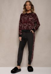 Czerwono-Czarny Komplet Dresowy Welurowy Bluza i Joggery w Panterkę Froliti. Czerwone bluzy damskie Renee, bez wzorów, z dresówki, bez kaptura. Za 119.99 zł.